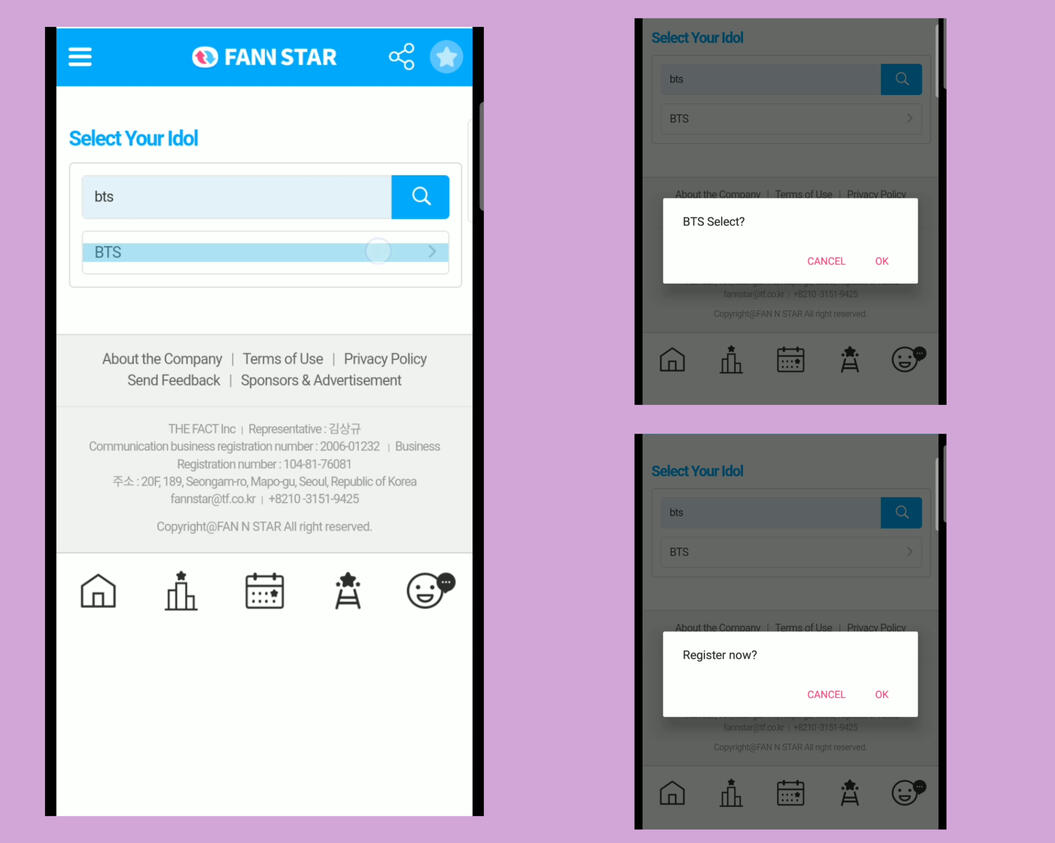 7. Search and select BTS. Click OK buttons to finish signing up.