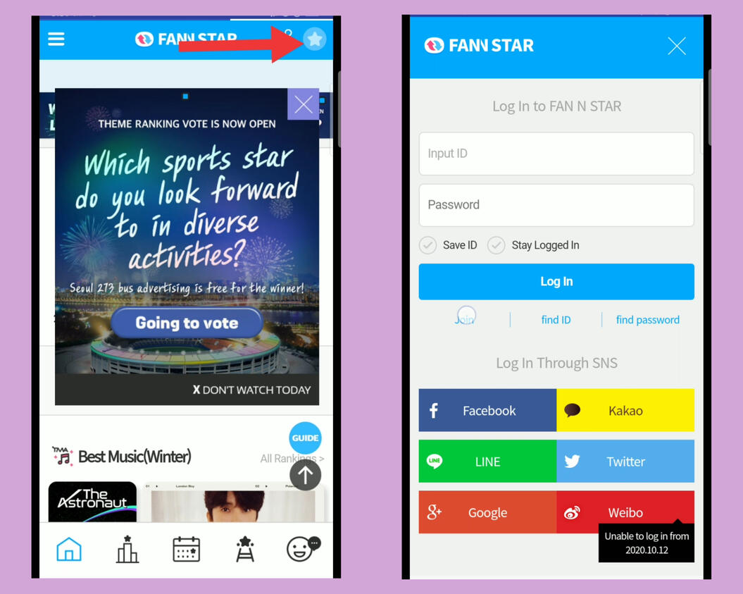 (1) From the homepage, click the star icon at the upper right corner of the screen. (2) Select what SNS you want to sign-up. For this example, we use twitter.