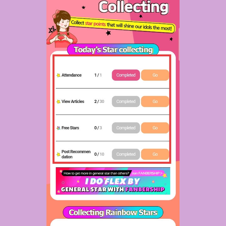 3. Here are the daily mission board you need to finish everyday to get voting tickets. Just press the 'Go' button to start every mission.