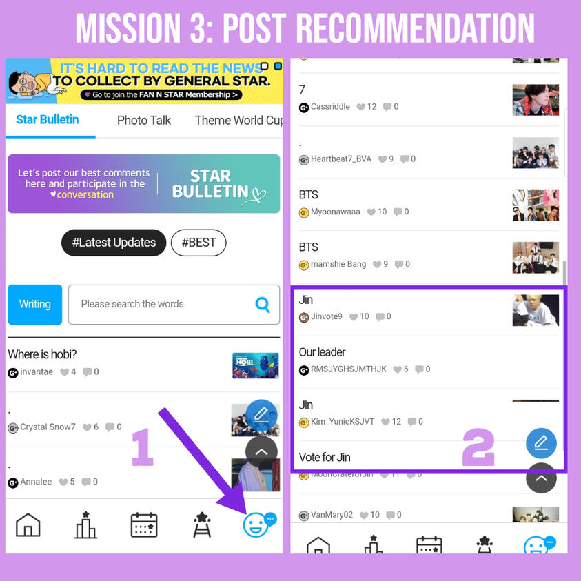 PIC (1) Go to 'smiley' icon. PIC (2) Look for a comment about Seokjin and click it.