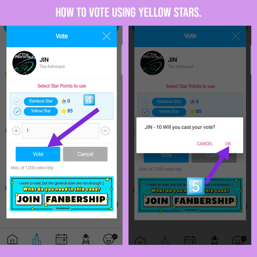 (4) Input the # of votes you wanted to drop then click on "Vote" button. (5) Press Ok from the pop up message to continue