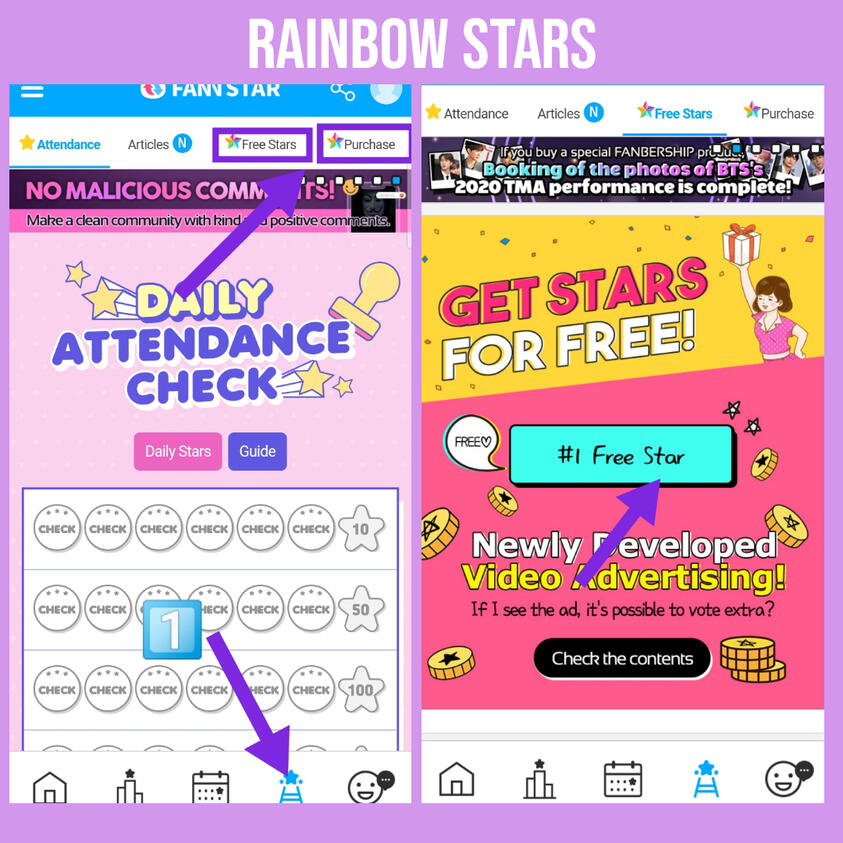 PIC (1) From the homepage, click on the 4th icon. You can get the rainbow stars for free thru mission and purchasing. PIC (2) For free rainbow star,, click on the "Free" button.